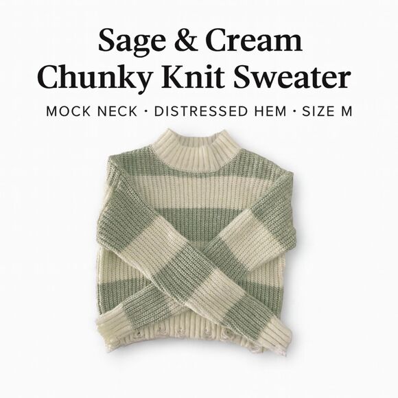 Sage & Cream Chunky Striped Knit Sweater – Mock Neck, Distressed Hem (Size M) - Picture 1 of 14